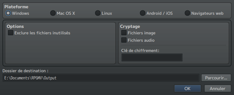 Options de déploiement de RPG Maker MV